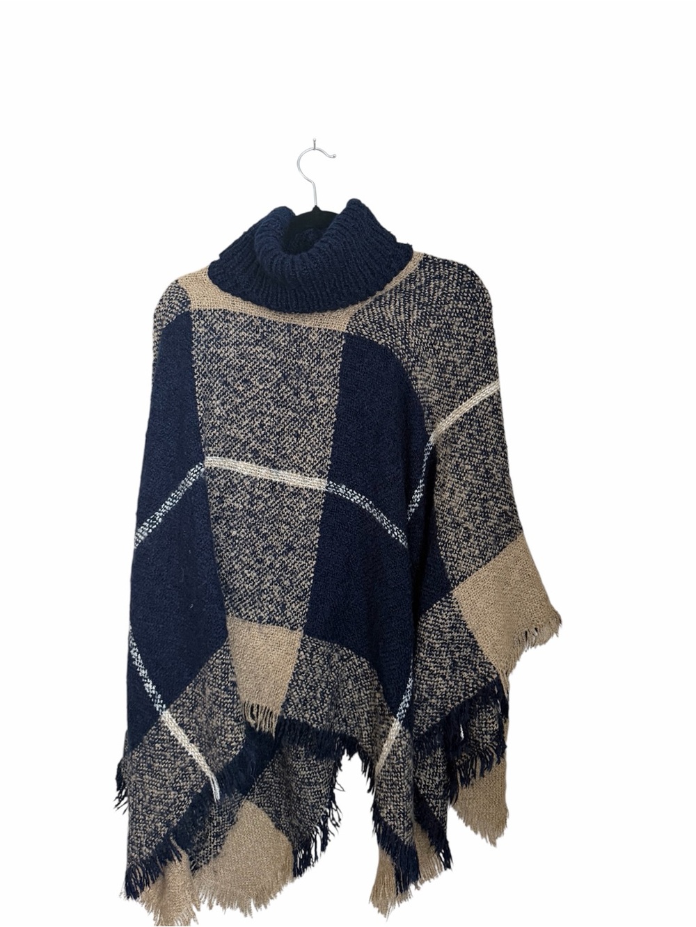 Coco + Carmen Navy and Beige Plaid Turtleneck Poncho